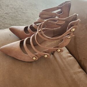BCBGeneration Nude Strappy Heels with Gold Accents